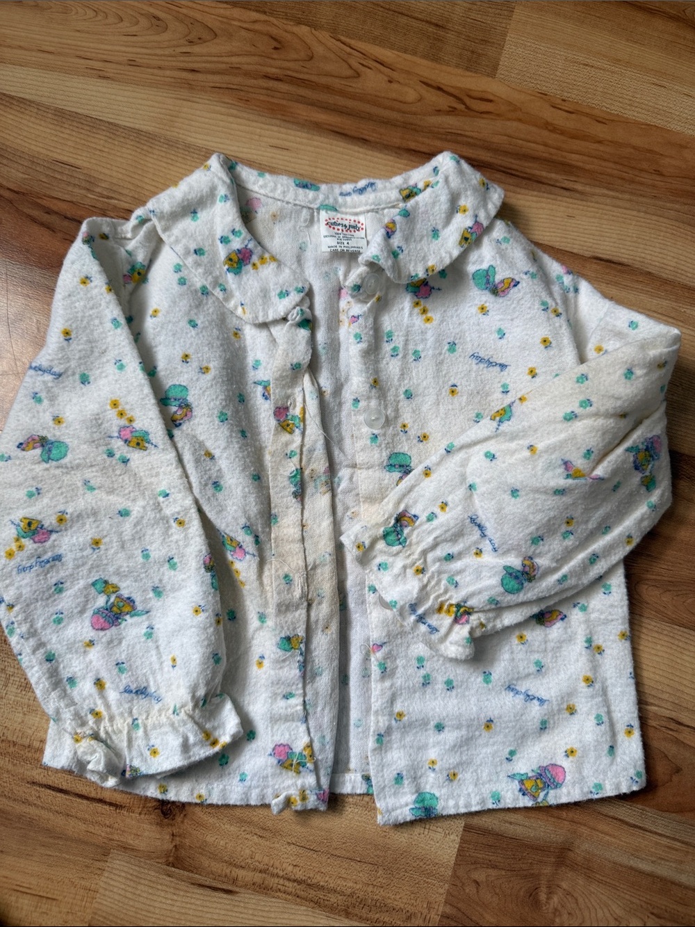 Kids Long Sleeve White Terry Shirt with Pastel Floral Print